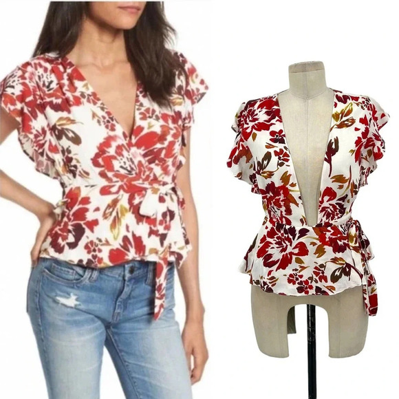 Lovers + Friends White Red Golden‎ Yellow Floral Wrap Top Size XS - Picture 1 of 9